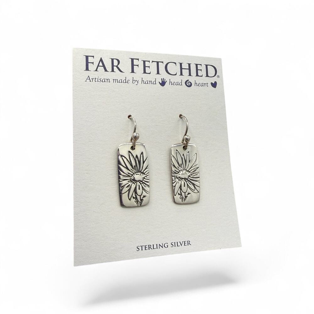 Far Fetched Daisy Flower Dangle Earrings 925 Sterling Silver Artisan Handmade